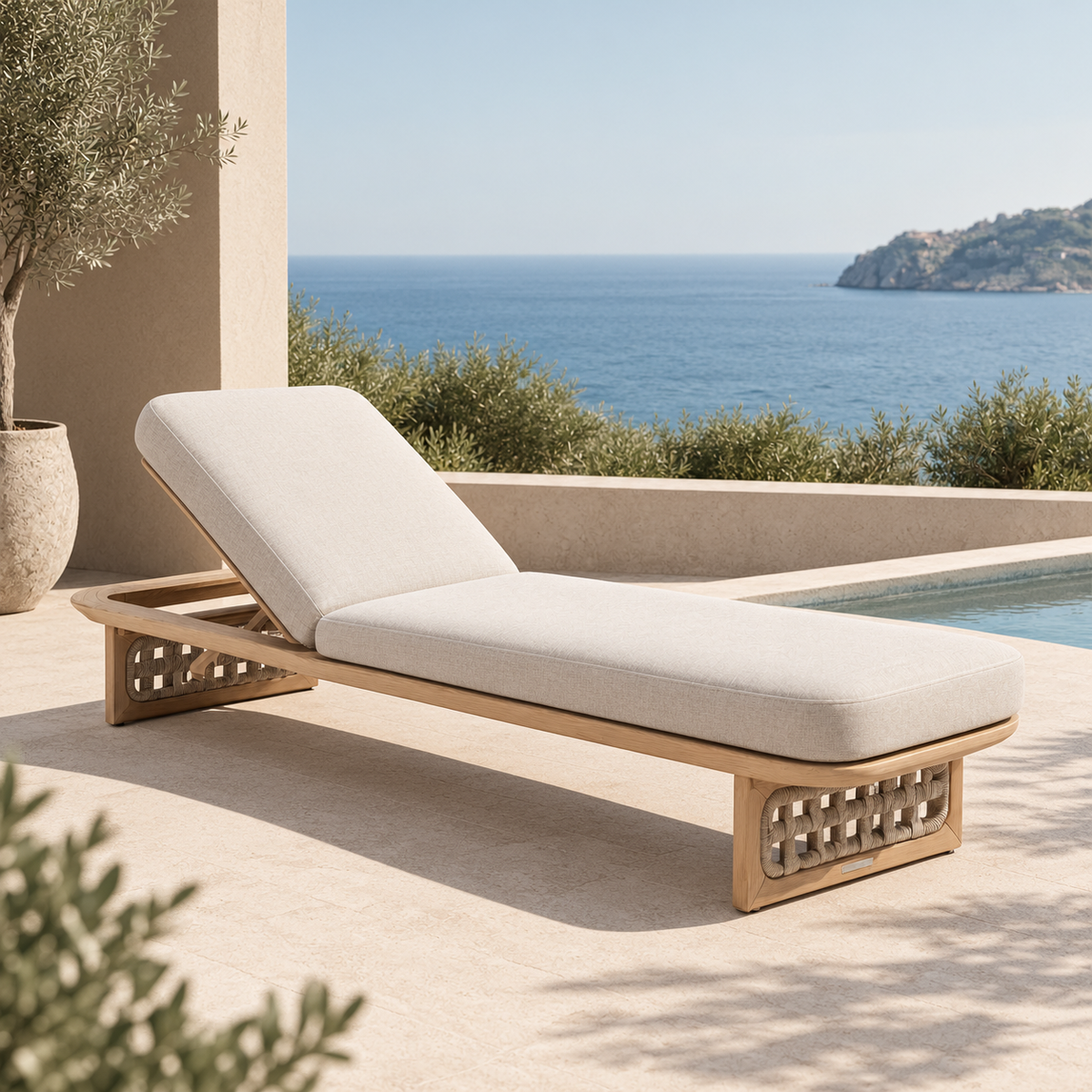 Palma solid teak and rope chaise lounge – shown outdoors