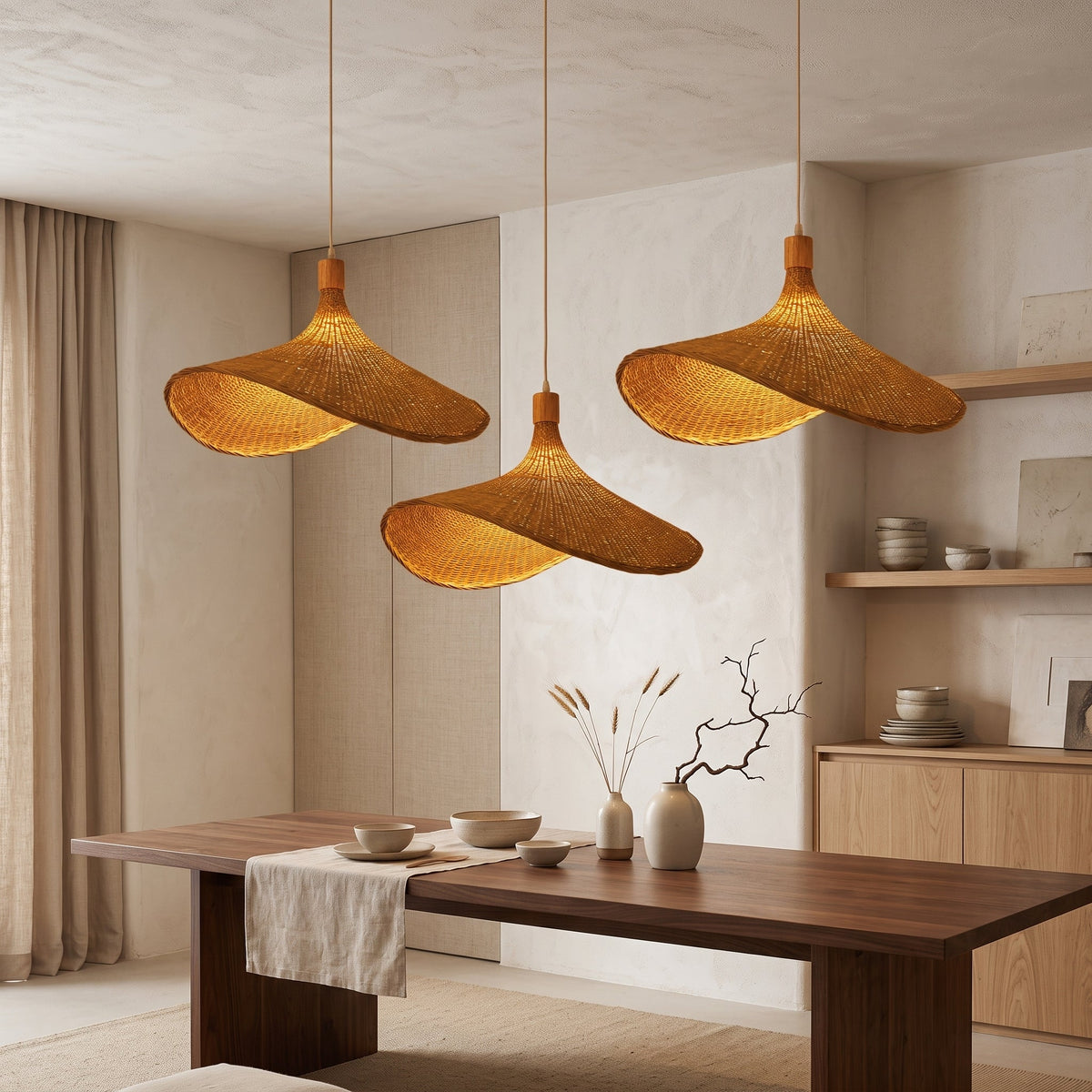 Asymmetric woven bamboo hat pendant light – shown in a room setting