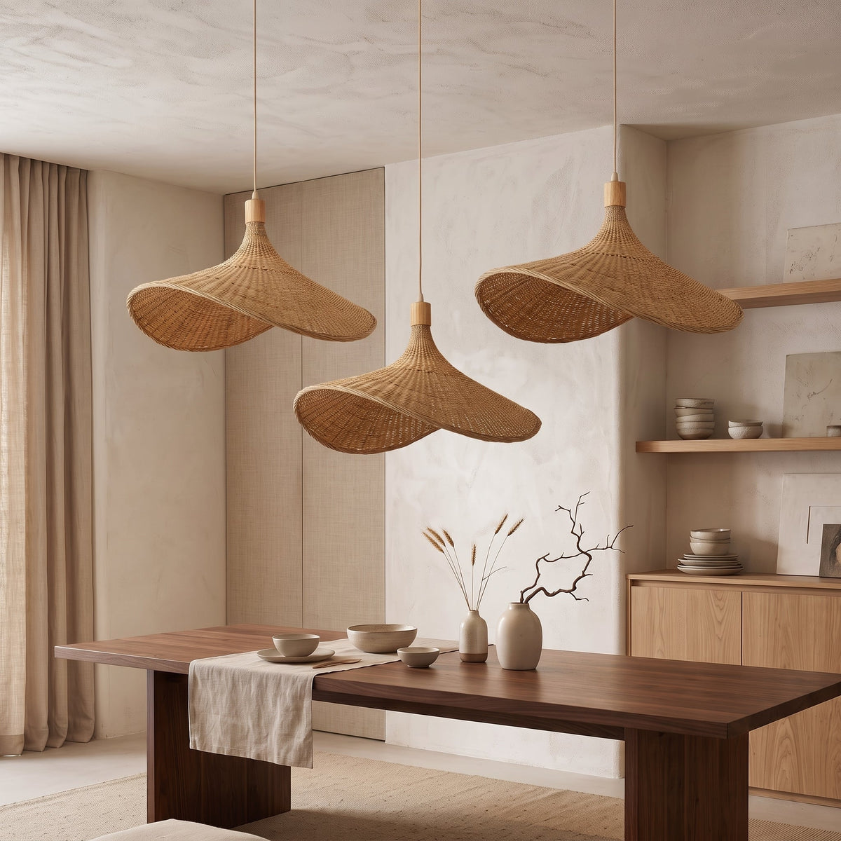 Asymmetric woven bamboo hat pendant light – shown in a room setting (2)