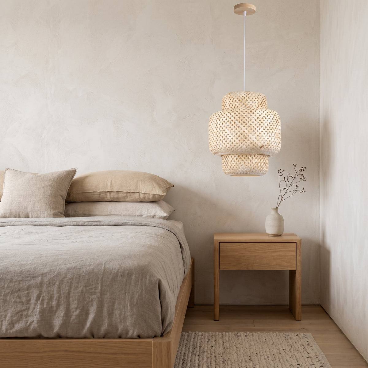 Tiered woven bamboo lantern pendant light – shown in a room setting (3)