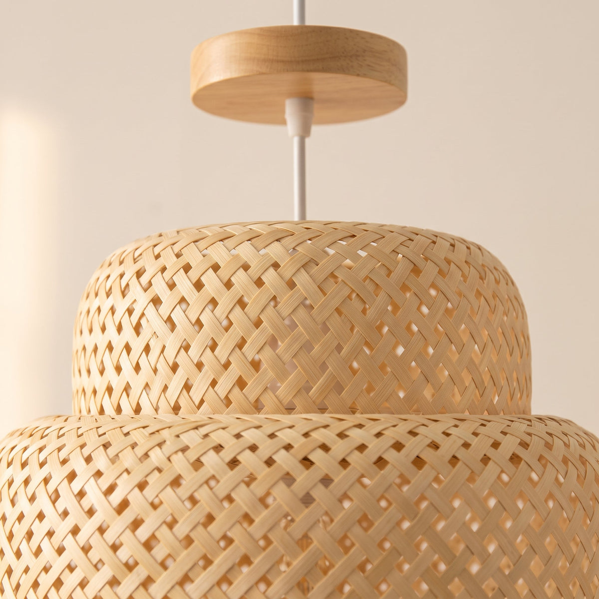 Tiered woven bamboo lantern pendant light – close-up detail