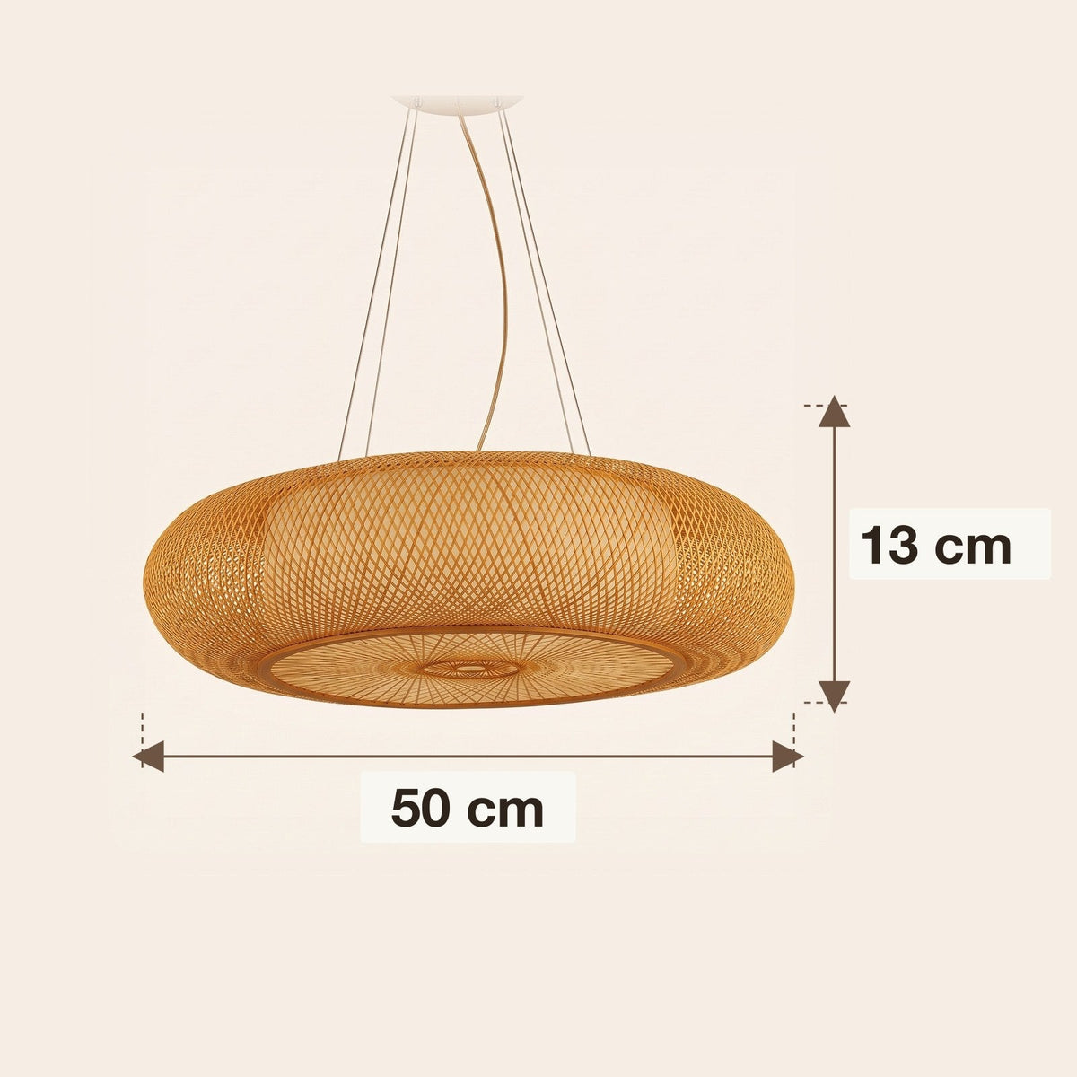 Wide flat woven bamboo lantern pendant light – dimensions diagram