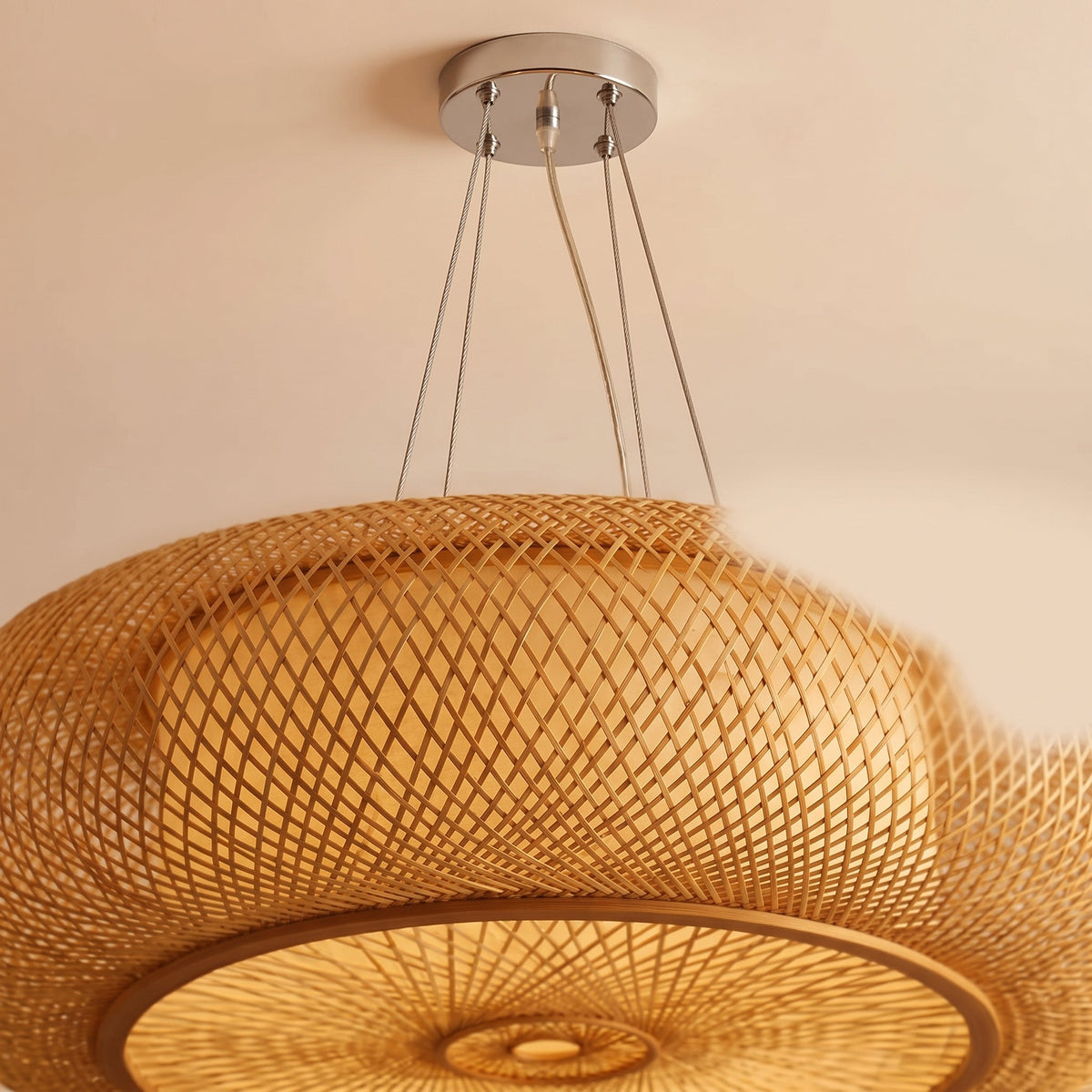Wide flat woven bamboo lantern pendant light – close-up detail