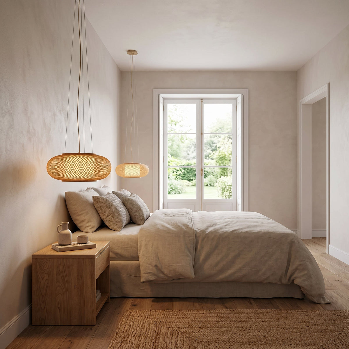 Wide flat woven bamboo lantern pendant light – shown in a room setting (4)