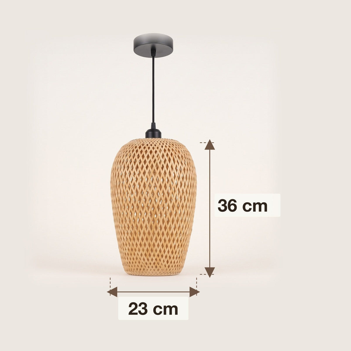 Oval woven bamboo bedside pendant light – dimensions diagram