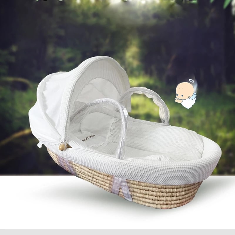 Hand-braided rattan bassinet on wheels – another view