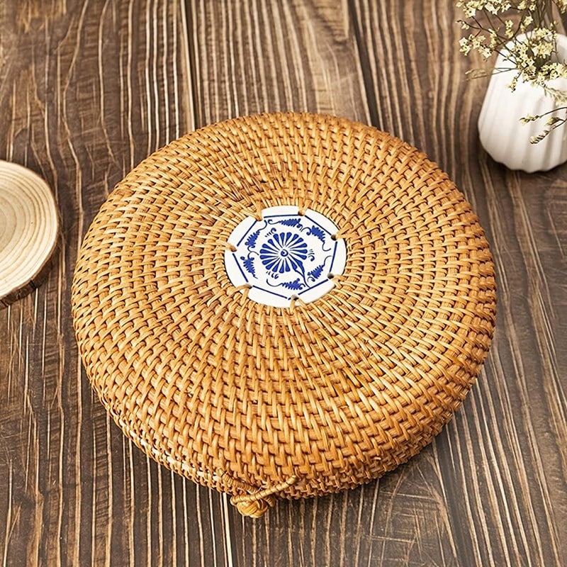 Round woven rattan jewelry box with a geometric pattern and lid – another view