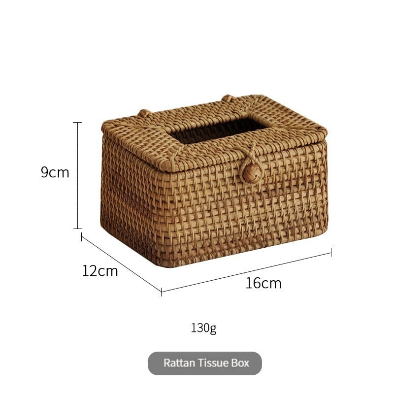 Handwoven bamboo tissue box in beige and warm brown – dimensions diagram