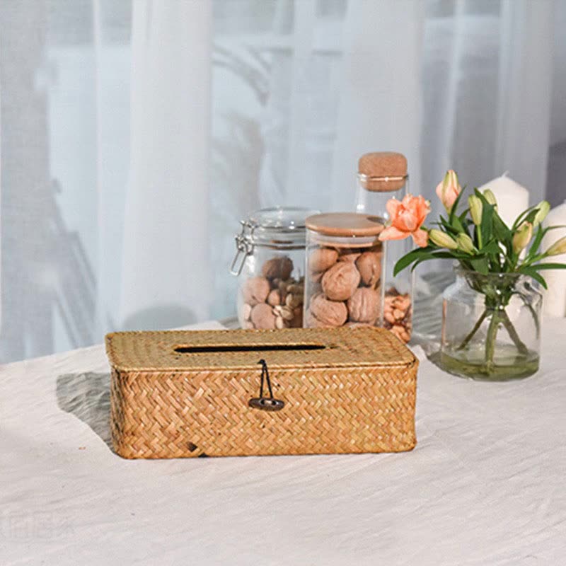 Natural woven rattan tissue box cover with a removable tray lid – shown in a room setting (3)