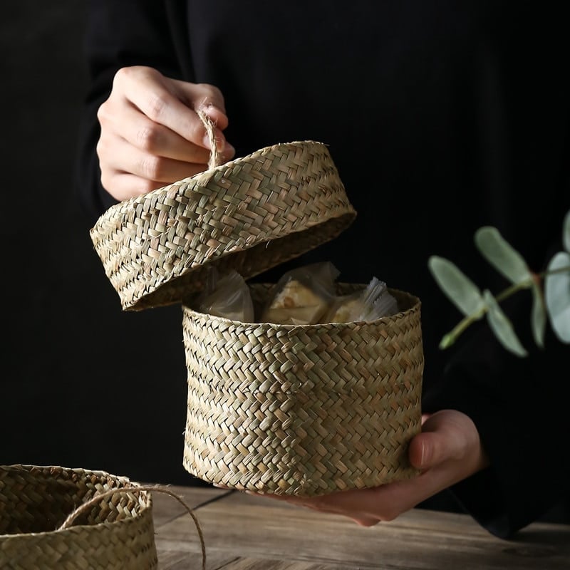 Stackable woven rattan storage box with a fitted lid – shown in use (2)