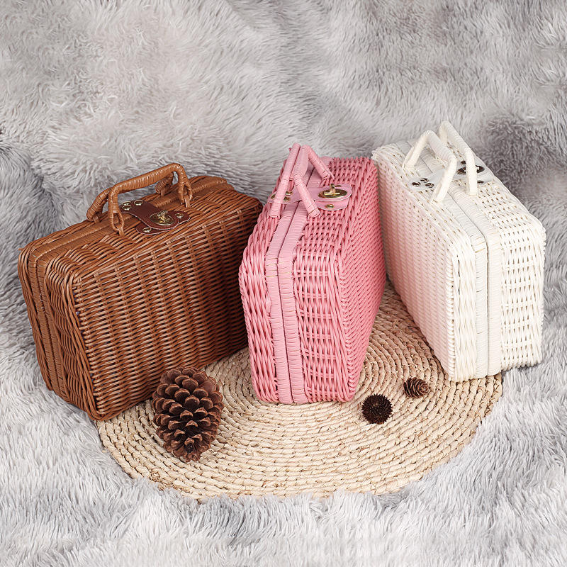 Handwoven rattan makeup organizer with integrated handles – multiple views