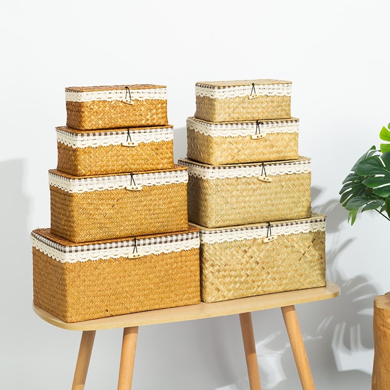 Woven natural rattan trunk-style storage box with a lid – multiple views (2)