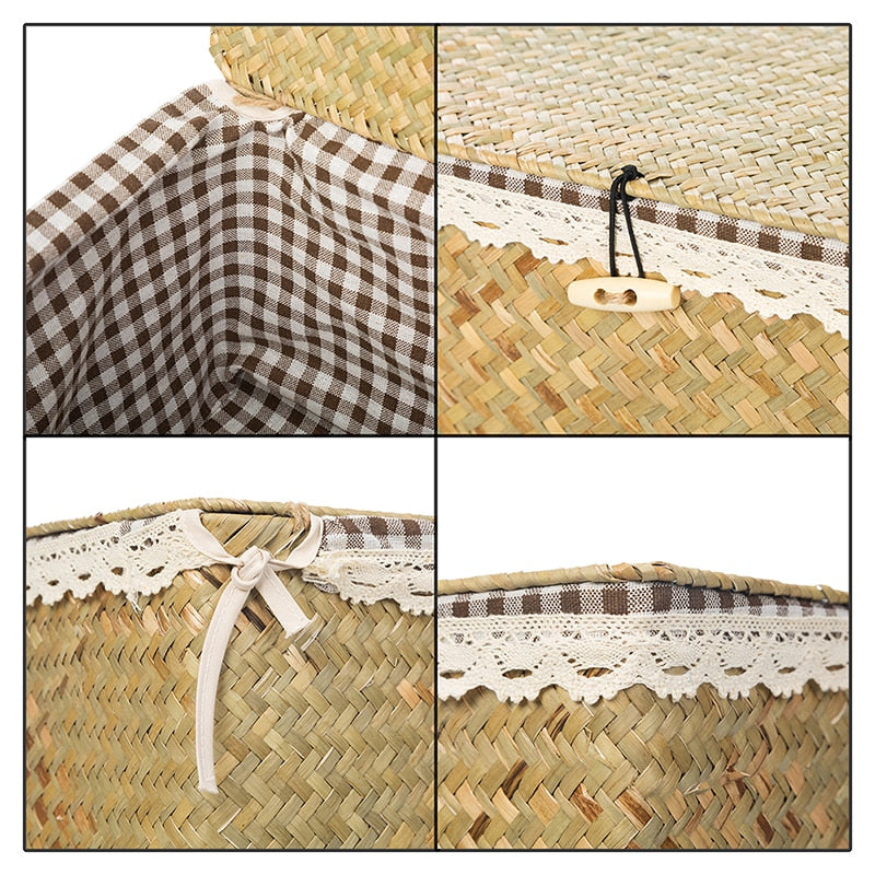 Woven natural rattan trunk-style storage box with a lid – close-up detail