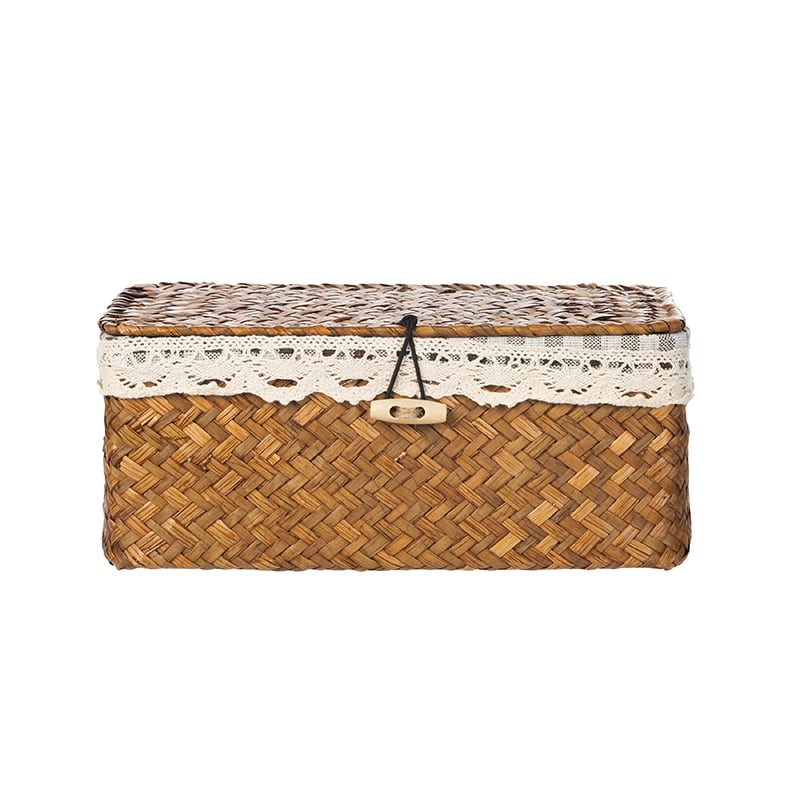 Woven yellow rattan trunk-style storage box with a lid – another view