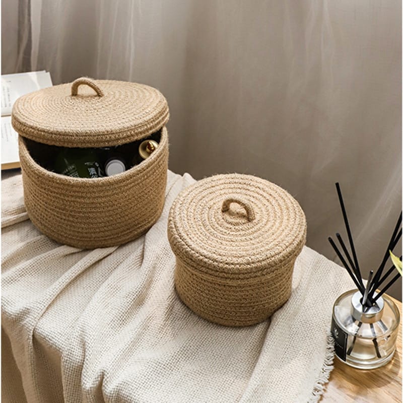 Natural color woven rattan box with a fitted lid – shown in a room setting
