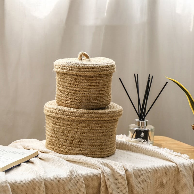 Natural color woven rattan box with a fitted lid – shown in a room setting (2)