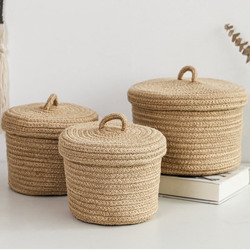 Natural color woven rattan box with a fitted lid – multiple views