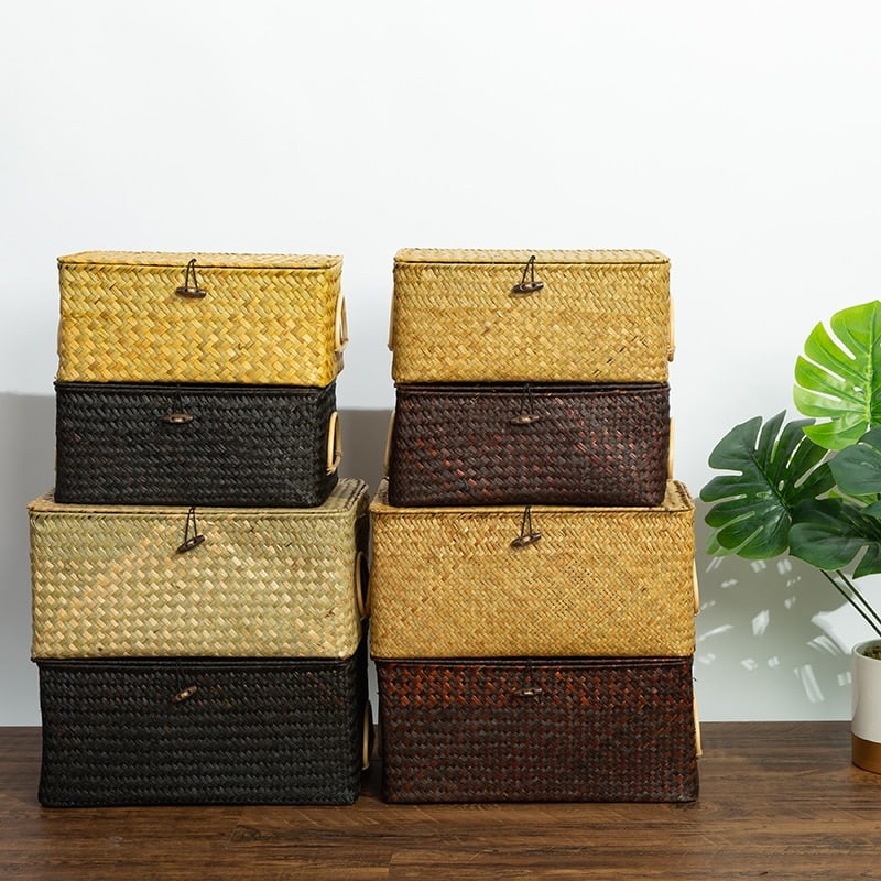Rectangular rattan storage box with an attached handle – multiple views (2)