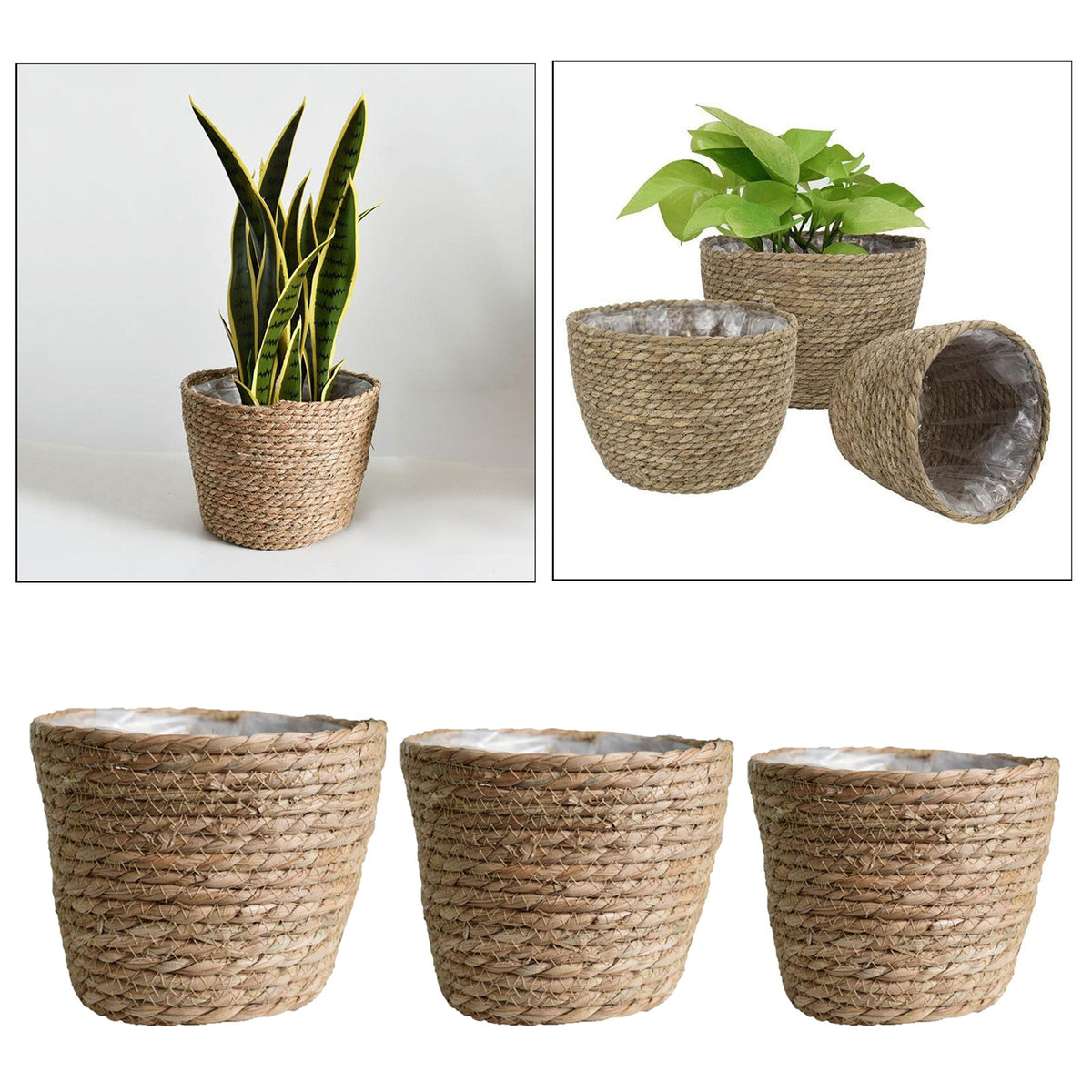 Hand-braided natural rattan plant pot cover – multiple views