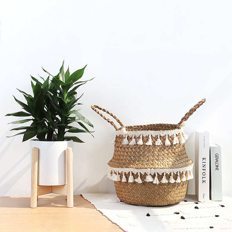 Nordic rattan planter with a handwoven lace pattern – shown in a room setting