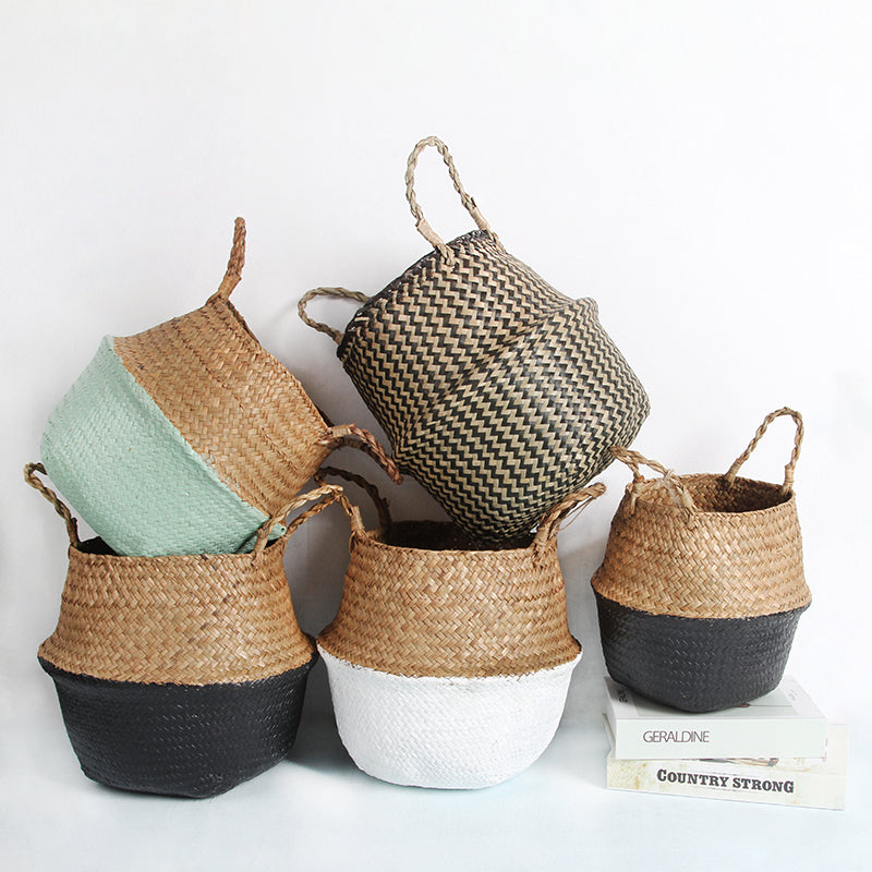 Two-tone rattan and wicker planter in blue and brown – multiple views