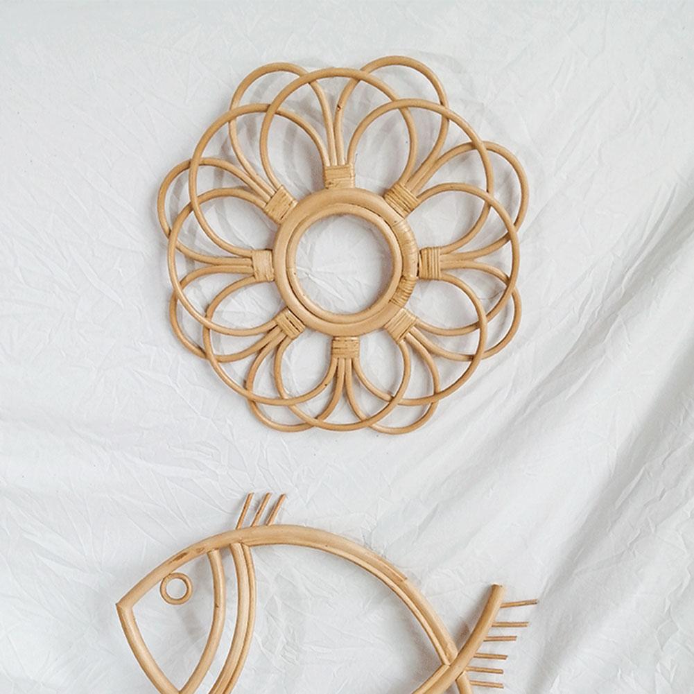 Round floral rattan wall frame with hand-braided petals – multiple views