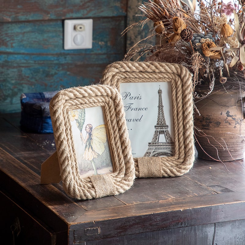 Rectangular hemp and rattan picture frame – shown in a room setting (2)