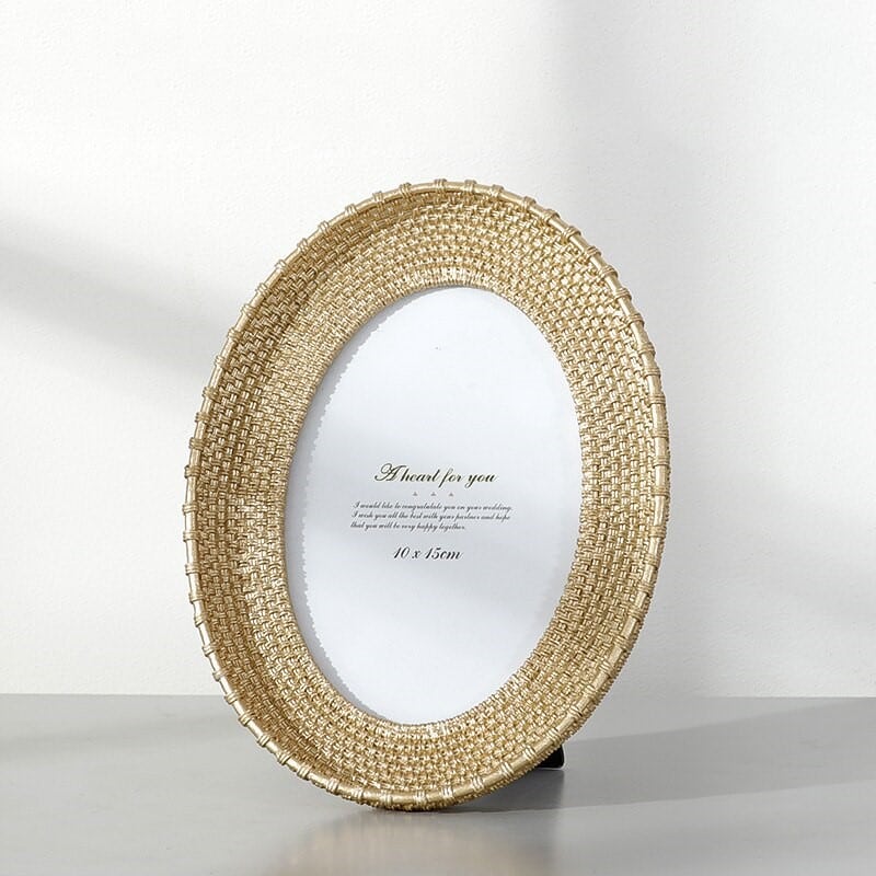 Vintage oval resin and rattan photo frame – multiple views