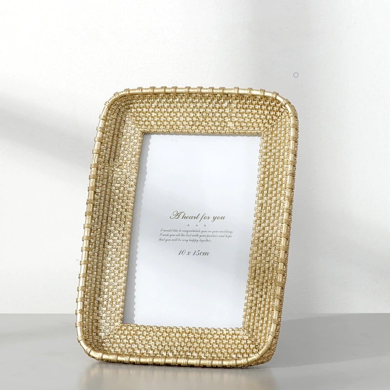 Vintage rectangular resin and rattan photo frame in honey-gold