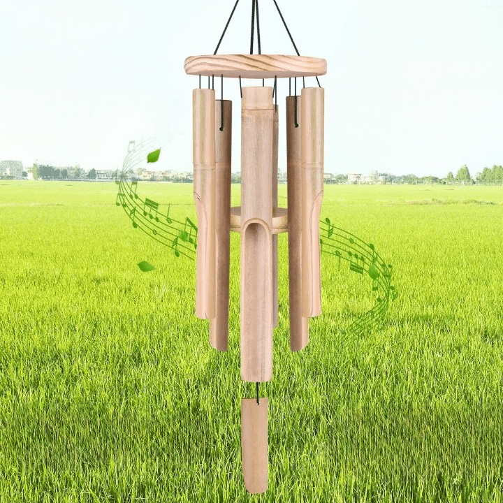 Six-tube bamboo wind chime on a natural hanger – shown outdoors