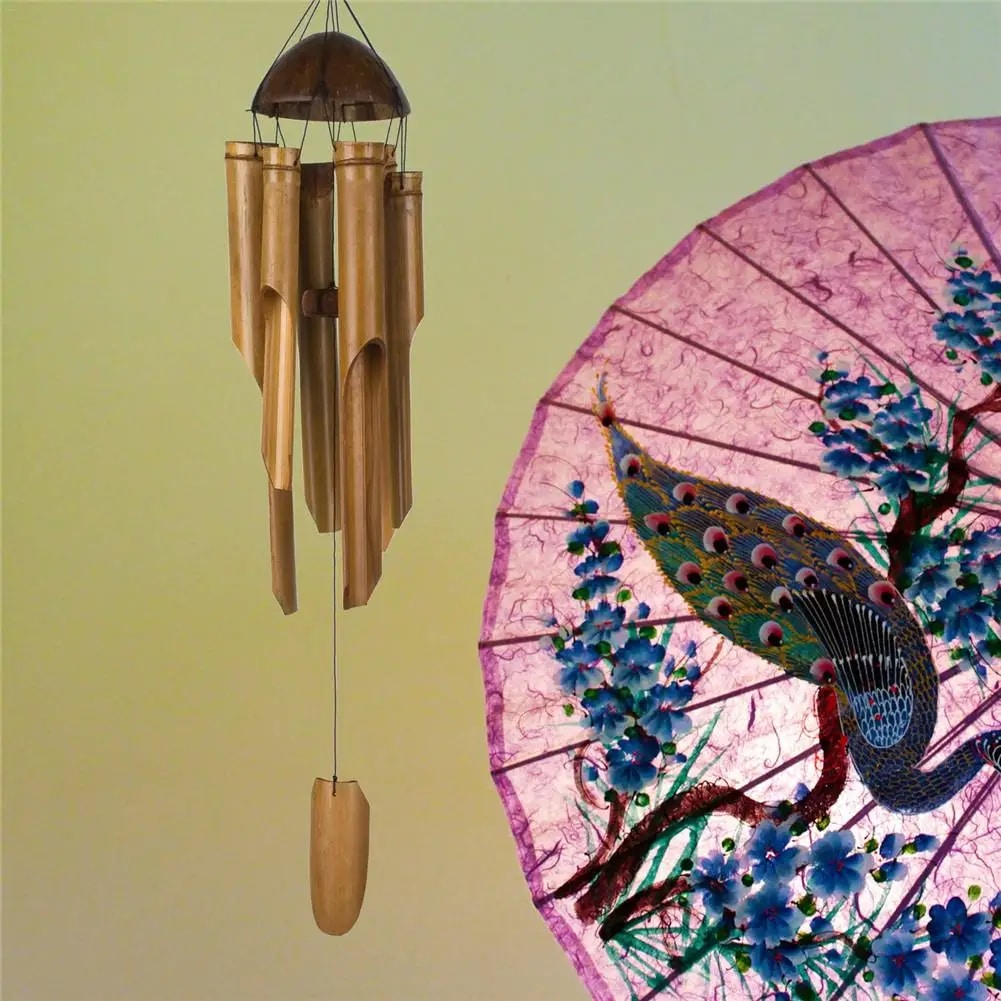 Handmade bamboo wind chime with raw bamboo tubes – shown outdoors