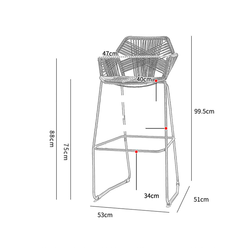 Beige synthetic rattan bar chair with matte black legs – dimensions diagram