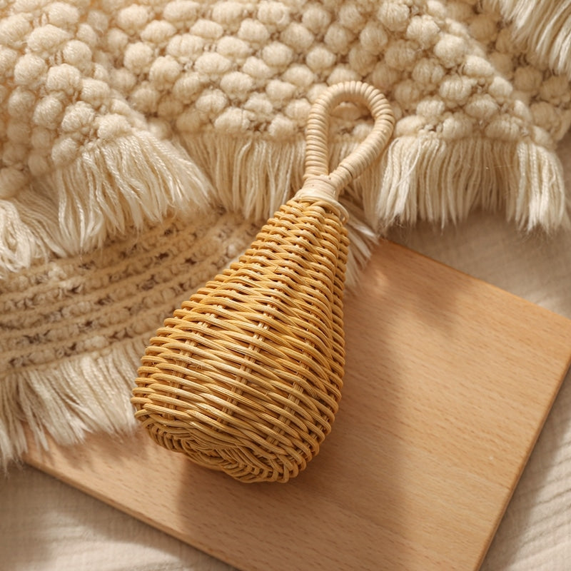 Rattan baby bell toy with a rounded handle – multiple views
