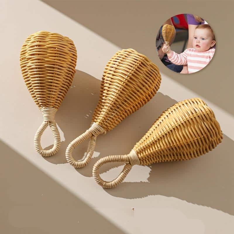 Rattan baby bell toy with a rounded handle – multiple views (2)