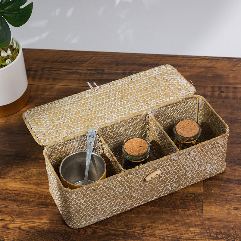 White rattan toy box with three compartments – shown in a room setting