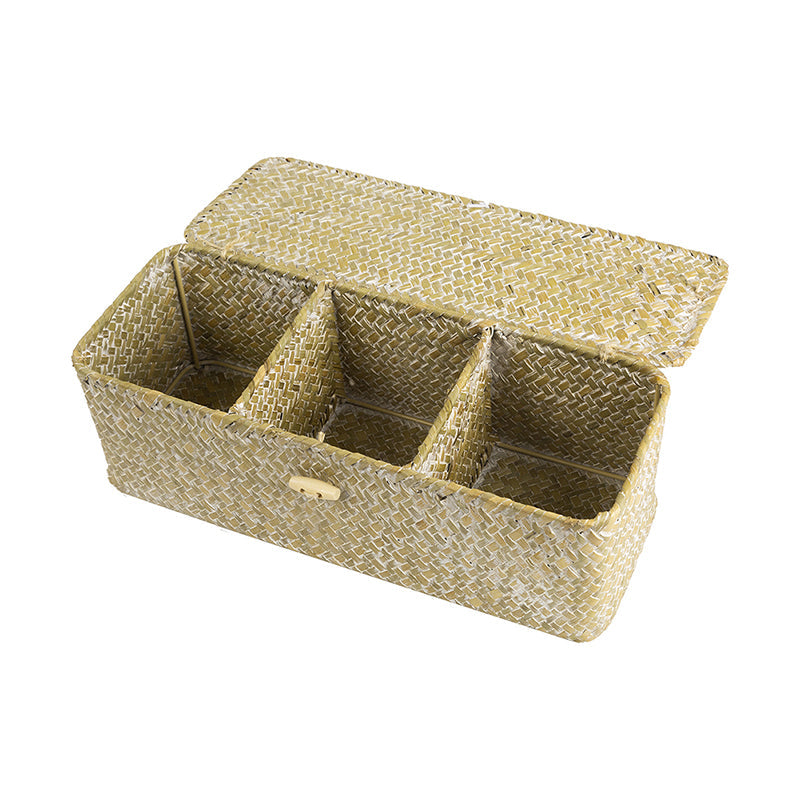 White rattan toy box with three compartments