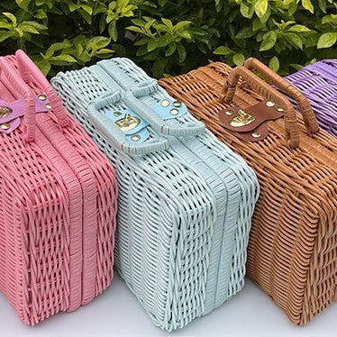 Blue retro suitcase-style rattan toy chest – multiple views (2)