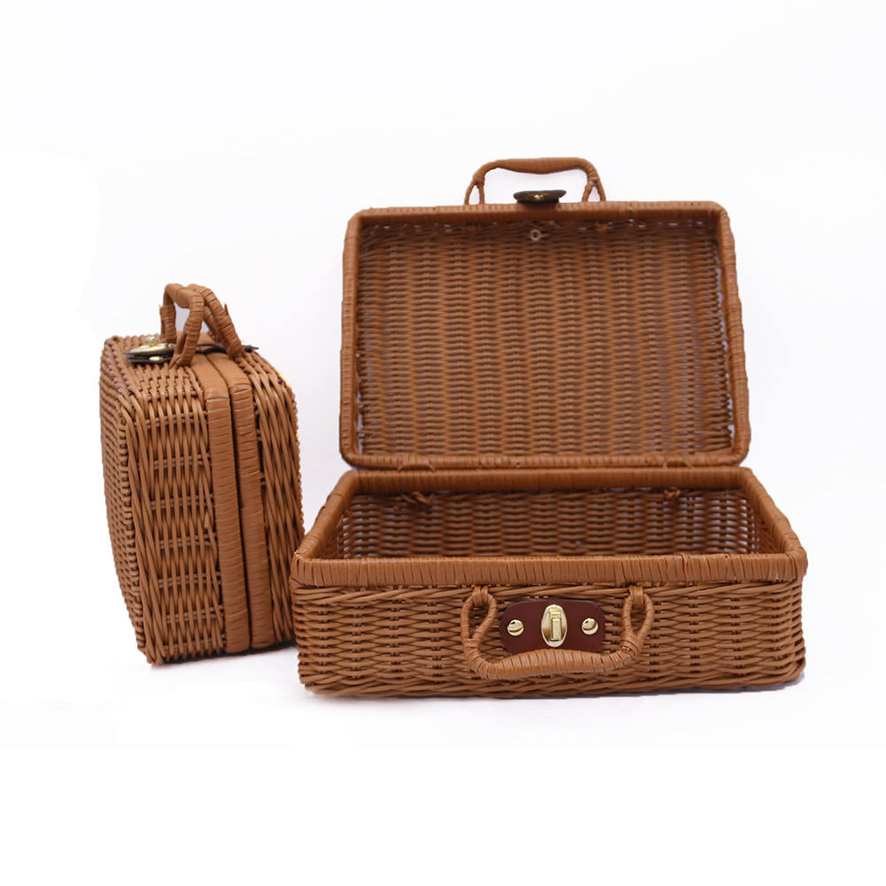 Brown retro suitcase-style rattan toy storage – multiple views