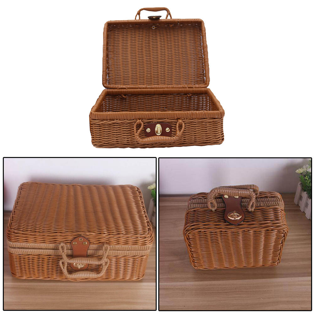 Brown retro suitcase-style rattan toy storage – multiple views (2)