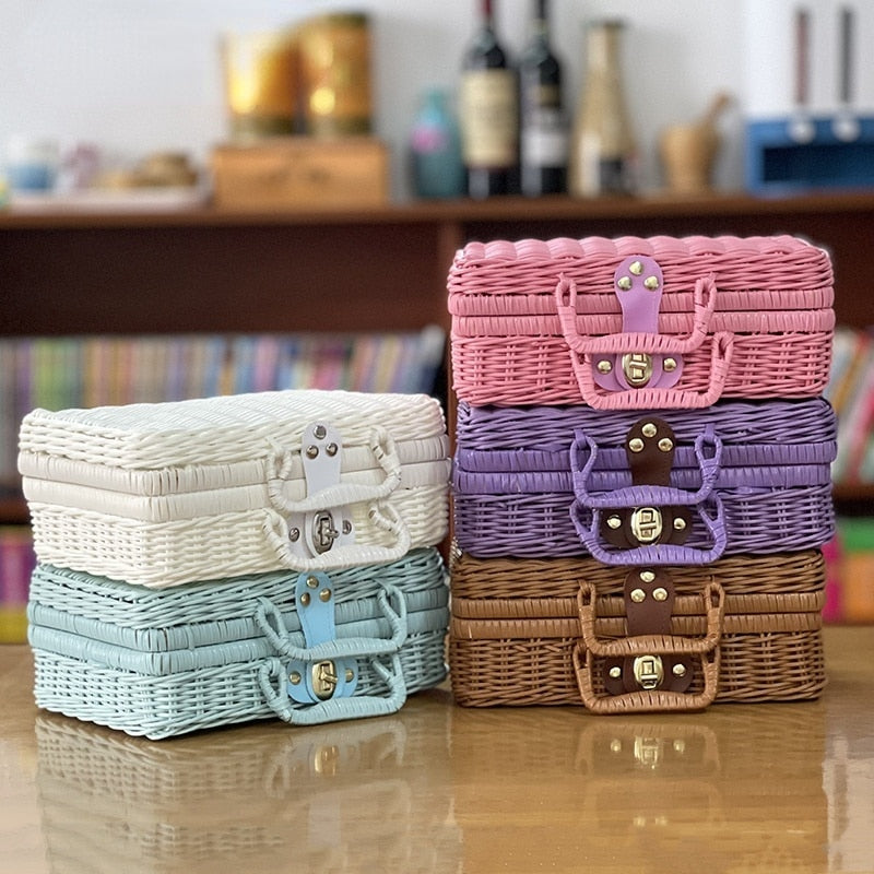 Pink retro suitcase-style rattan toy box – multiple views