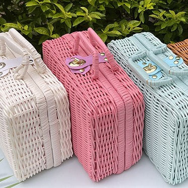Pink retro suitcase-style rattan toy box – multiple views (2)