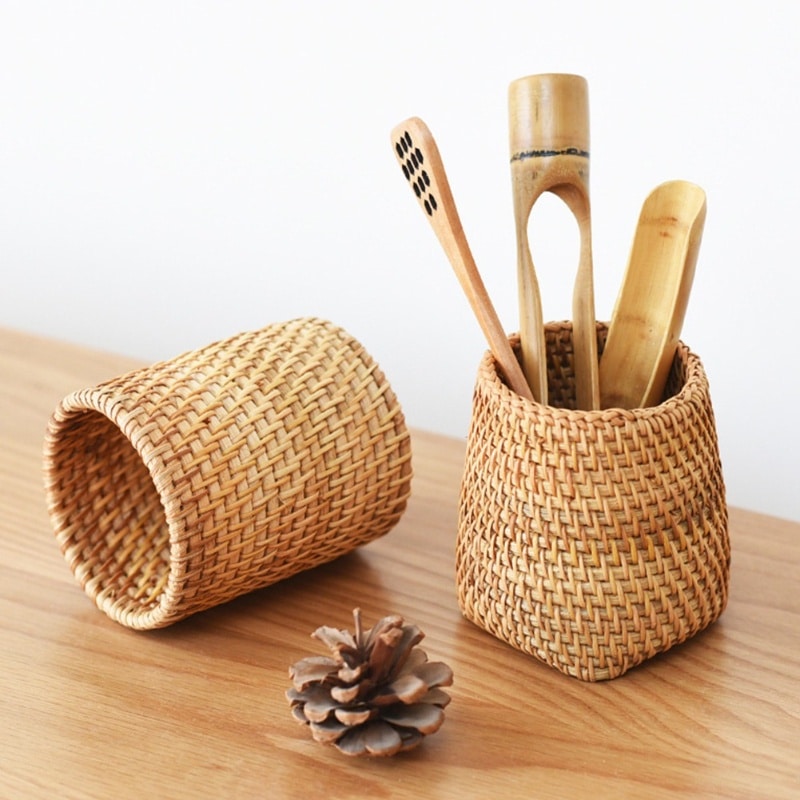 Round tightly woven rattan storage basket – shown in a room setting