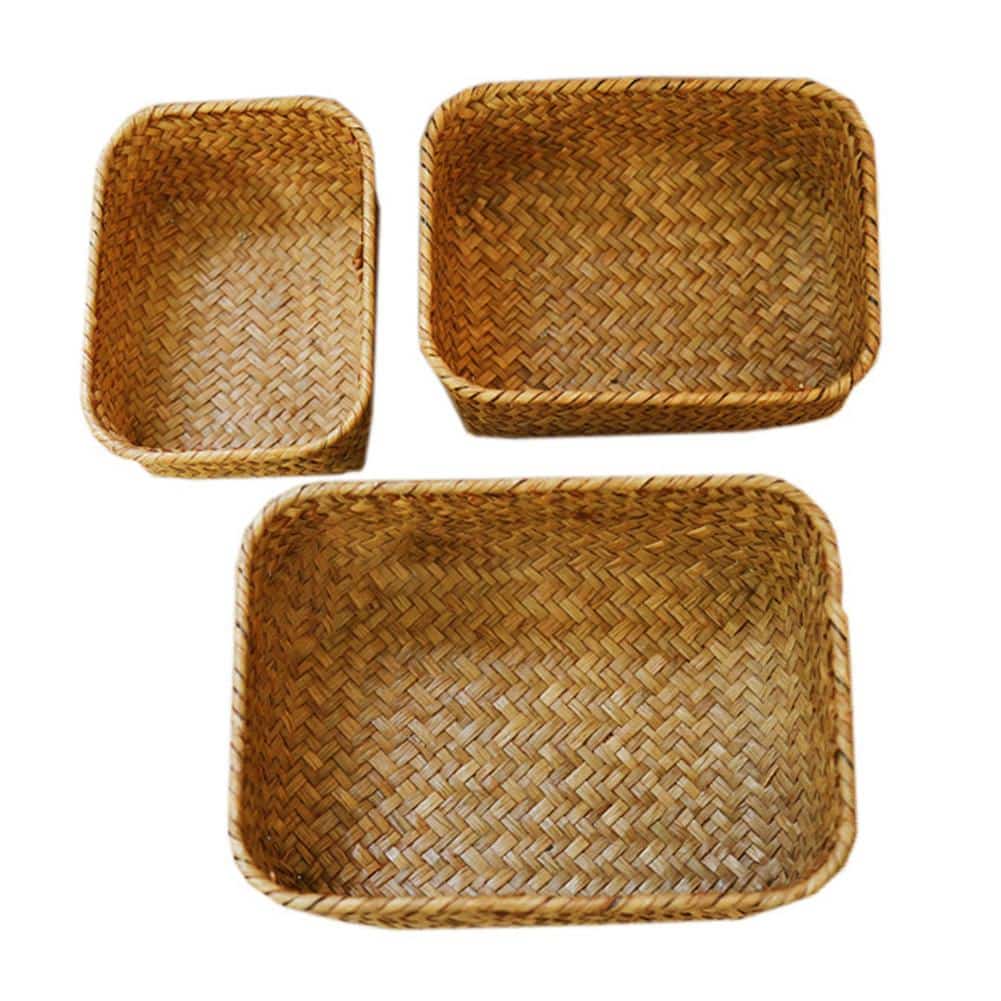 Ribbed handwoven decorative rattan basket – multiple views
