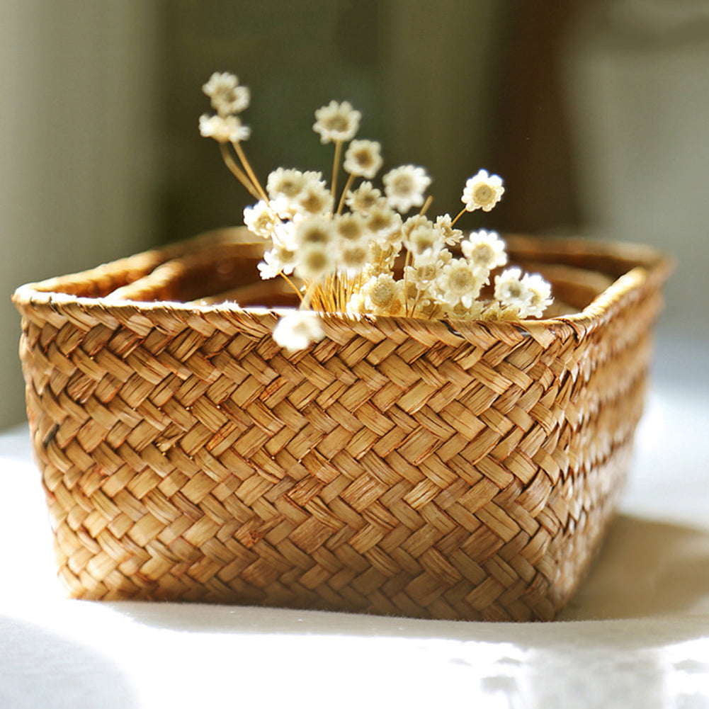 Ribbed handwoven decorative rattan basket – shown in a room setting