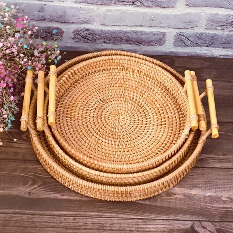 Handwoven rattan serving tray with light wood handles – multiple views (3)