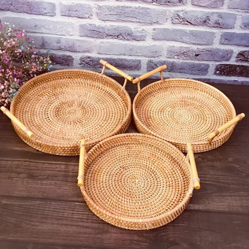 Handwoven rattan serving tray with light wood handles – multiple views (2)