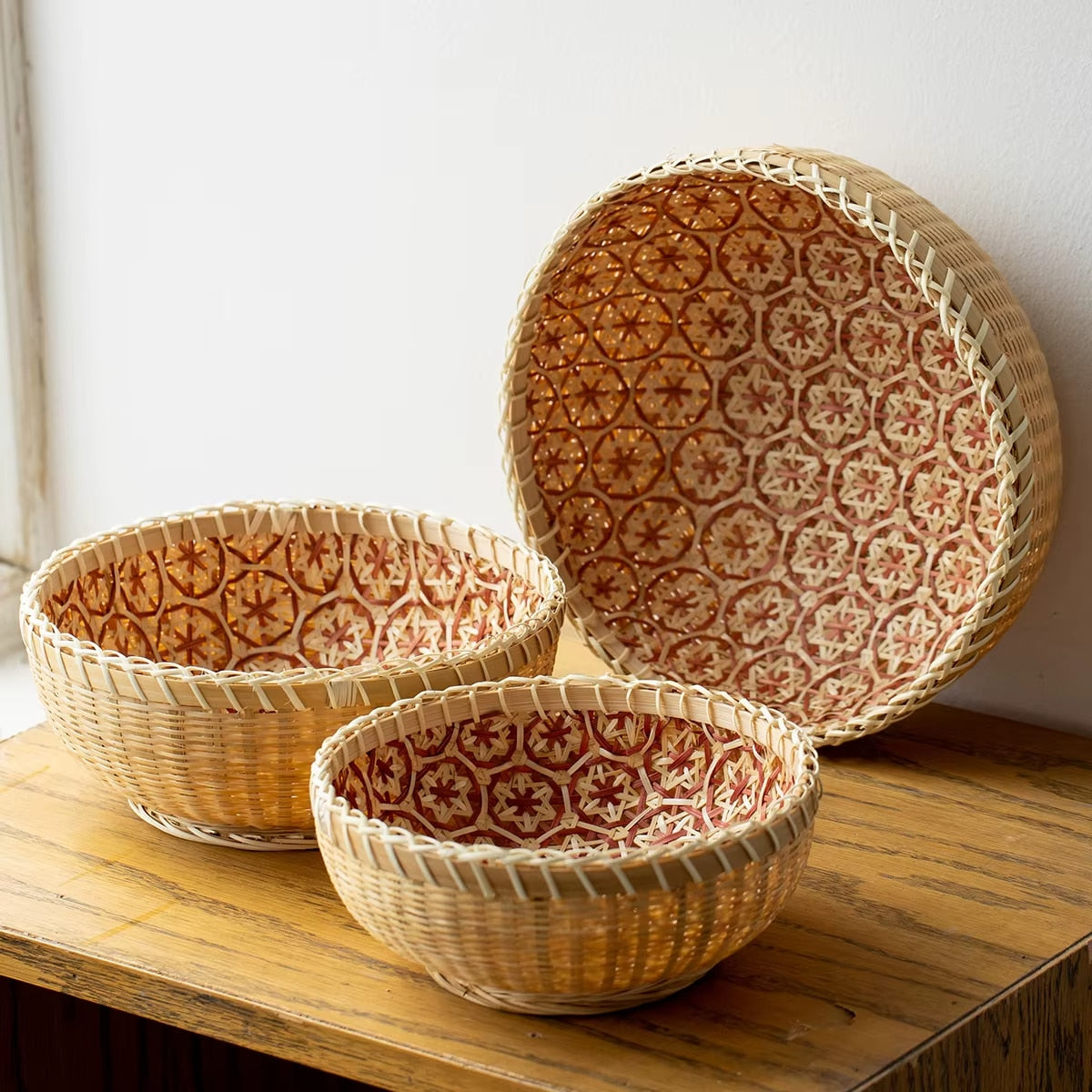 Retro round handwoven rattan basket – multiple views