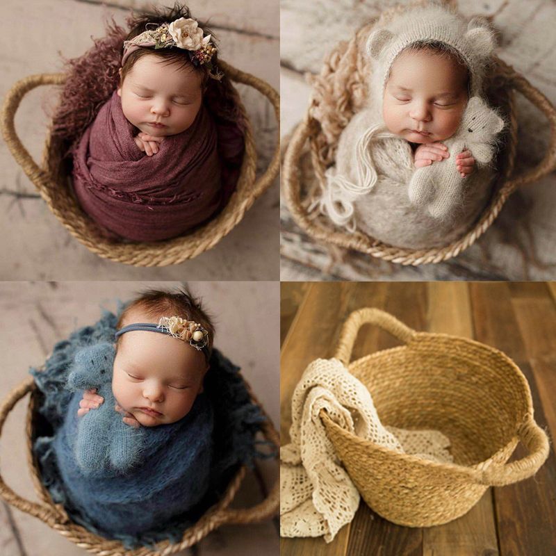 Round hand-braided rattan moses basket – multiple views