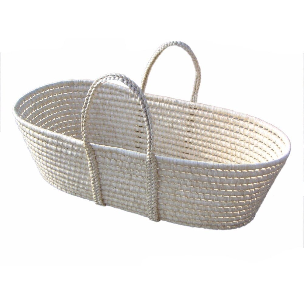 White rattan moses basket with side handles