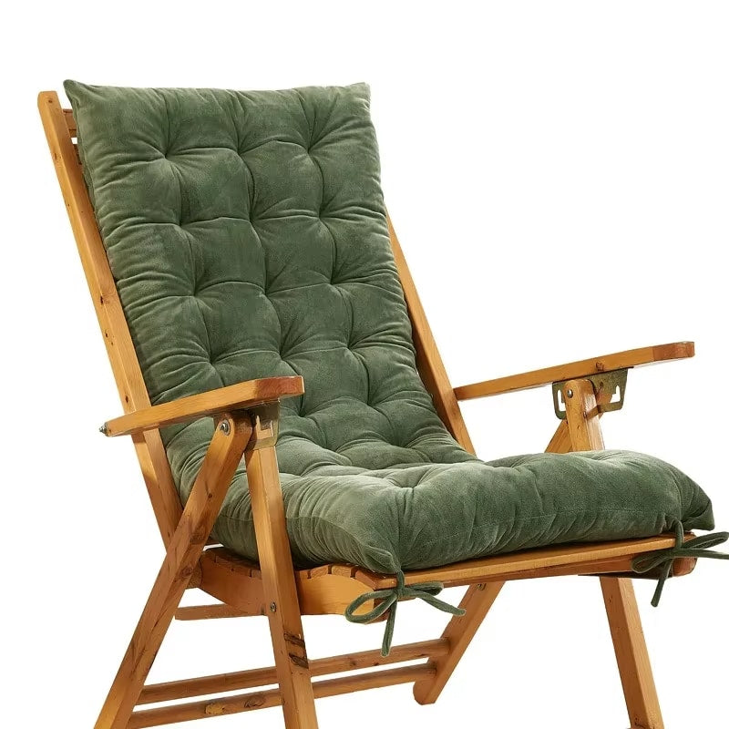 Long deep green chair cushion – shown in a room setting